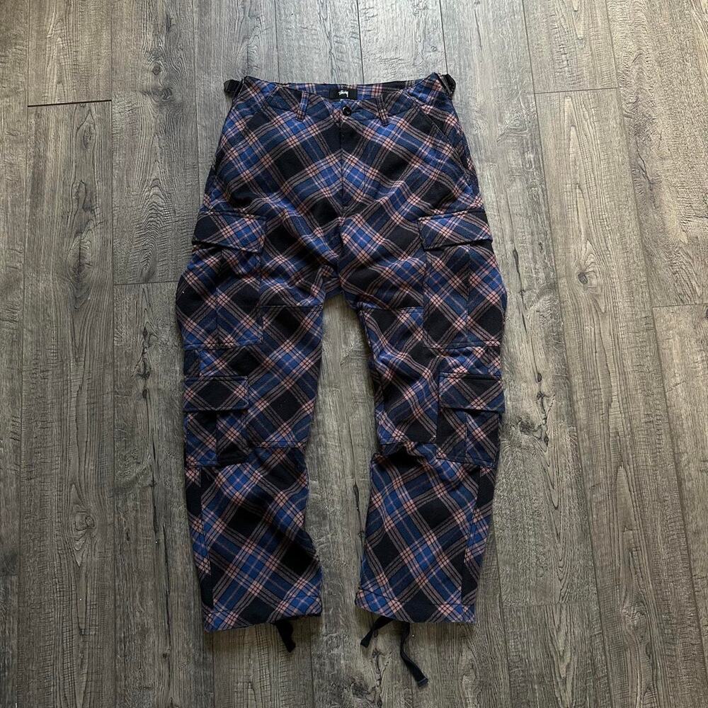 Rare Stussy Pink Wool Plaid Bias Surplus Tactical Utility Cargo Pant